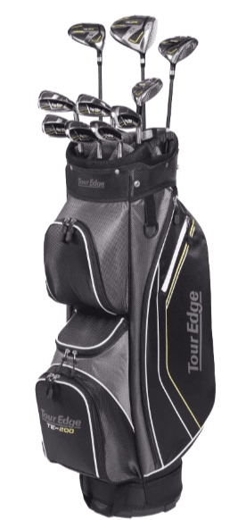 A set of golf clubs in a black and gray Tour Edge golf bag. The bag has multiple compartments and zippers, with clubs visible at the top. The design includes some white and yellow accents, and the "Tour Edge" branding is visible on the side.