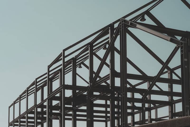Steel skeleton of a building under construction.