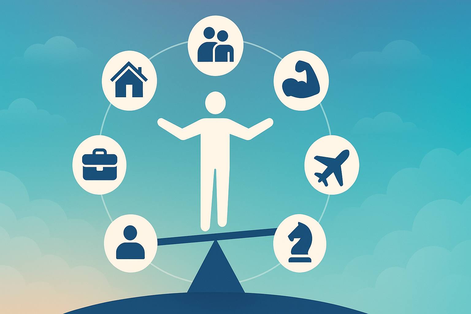 A modern, colorful digital illustration of a person standing on a seesaw, symbolizing life balance. Surrounding the person are six white circular icons representing different life priorities: home, family, fitness, travel, business, and strategy. The back