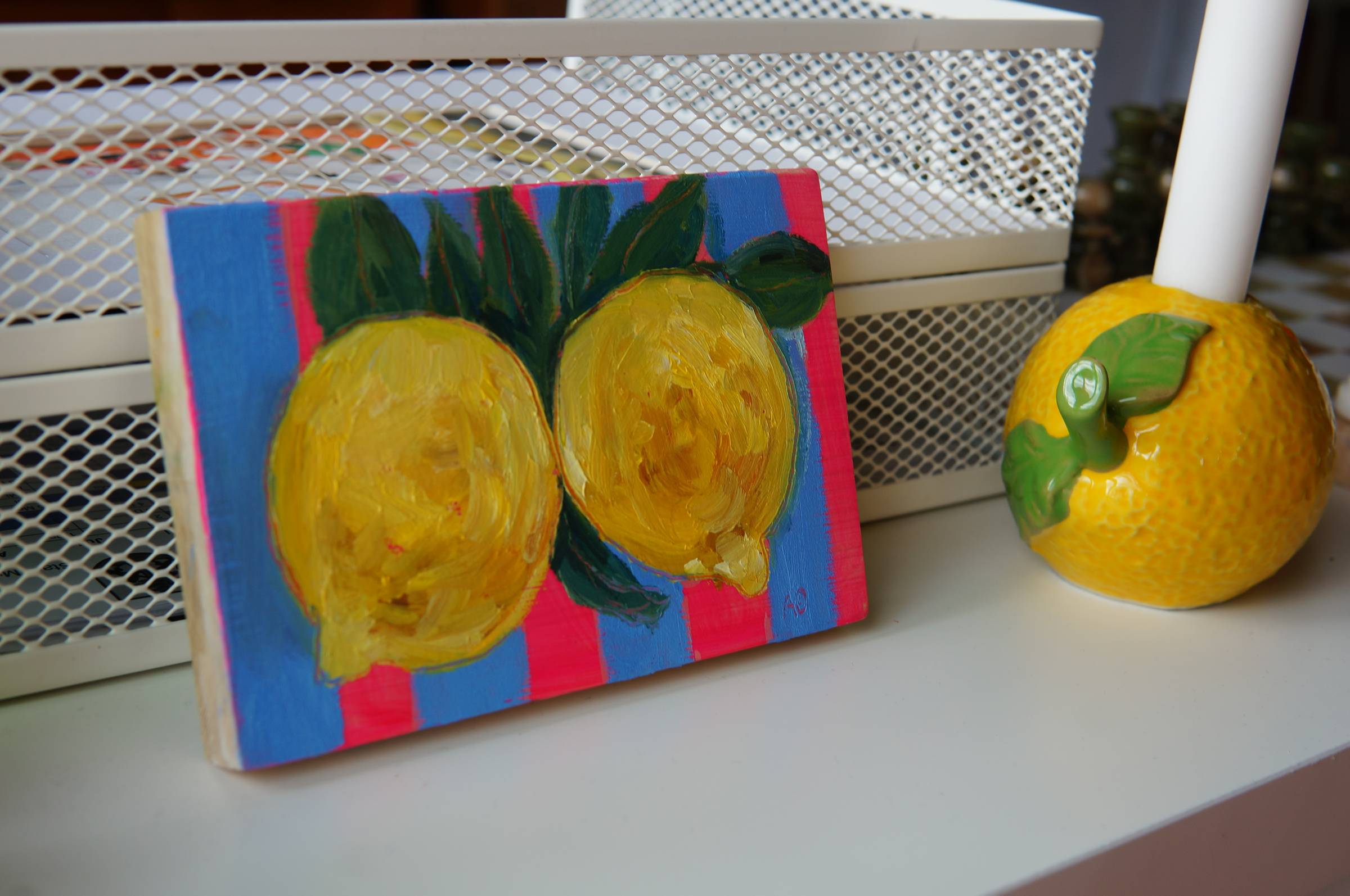 lemon painting mini pink blue striped