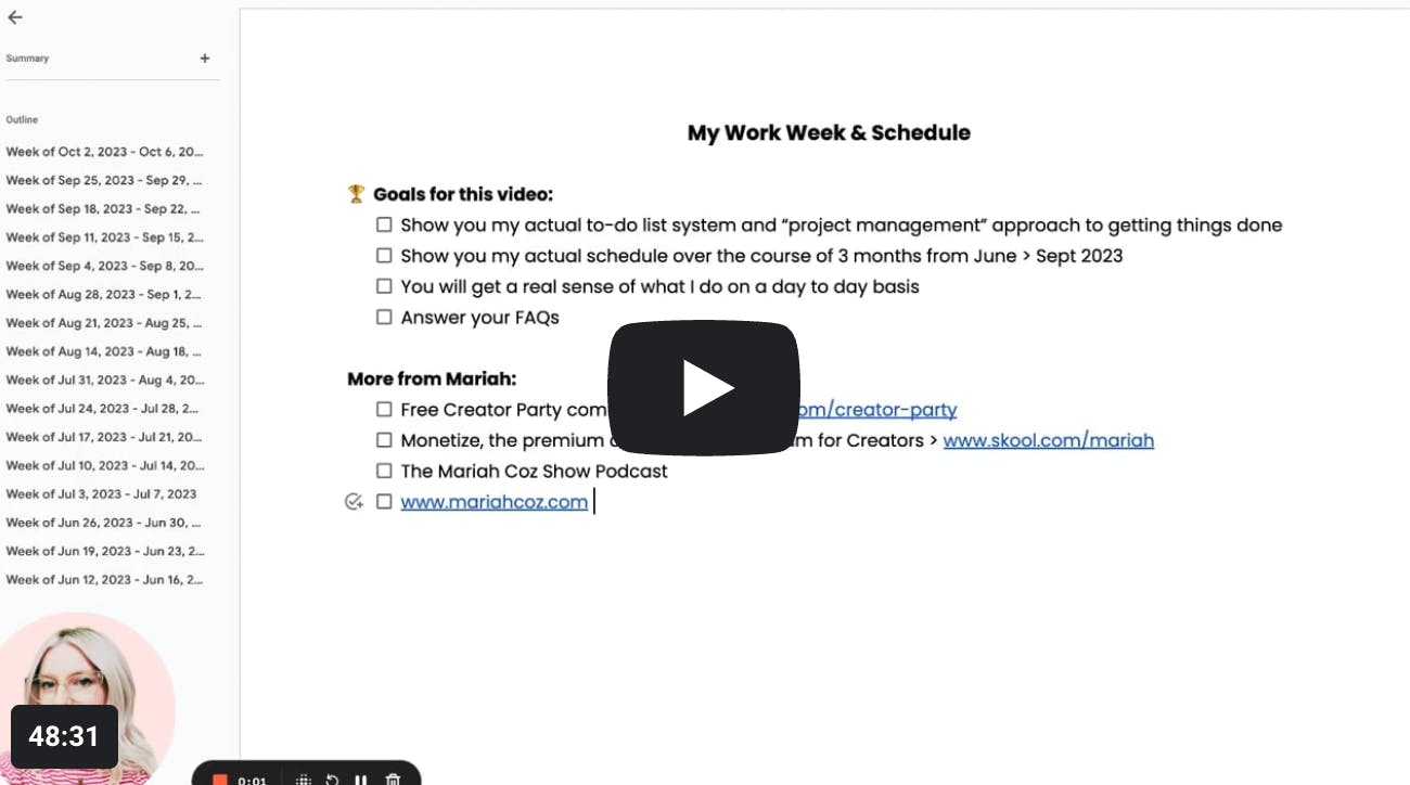 screenshot of mariah coz schedule