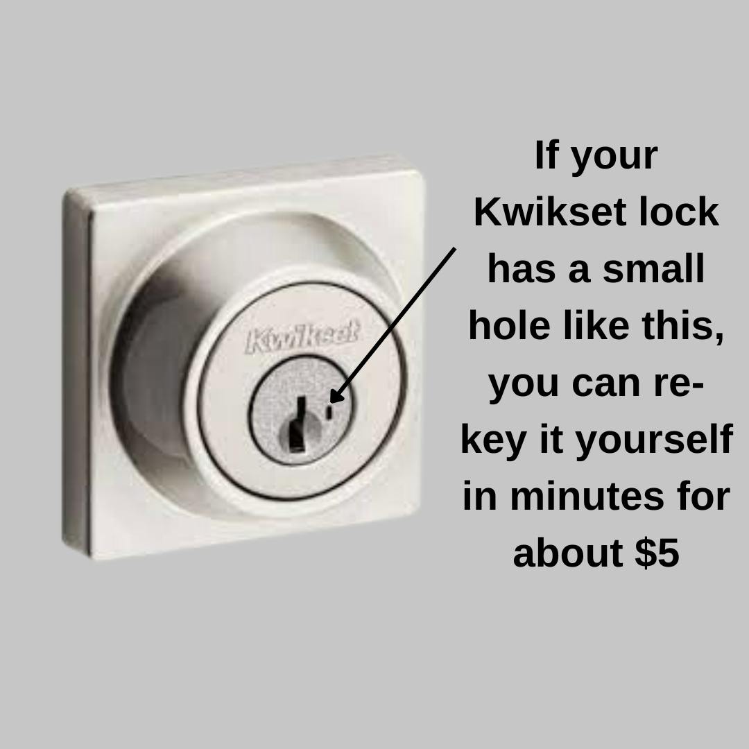 A square gray image shows a stainless steel version of the deadbolt portion of a Kwikset lock.  There is a red arrow that points to the small hole to the side of the keyhole, showing how to tell if your lock is a Kwikset lock or another brand.  The wording reads “If your Kwikset lock has a small hole like this, you can re-key it yourself in minutes for about $5”. 
