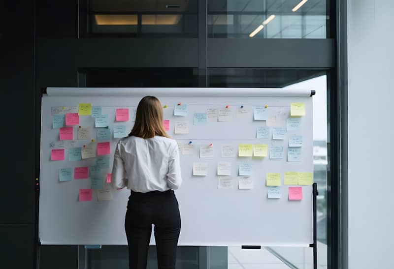 A woman standing in front of a white board with sticky notes on it