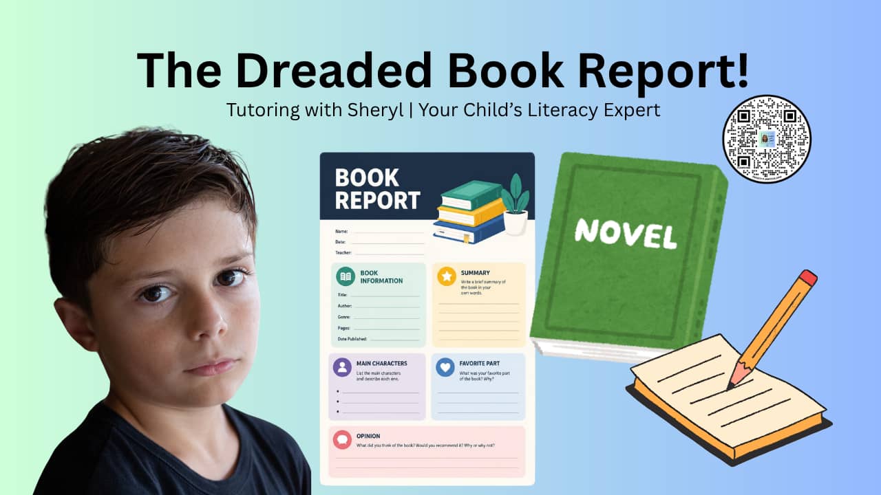 A child that is not thrilled to complete a book report. There is an image of the book report form, a novel, and paper with a pencil.