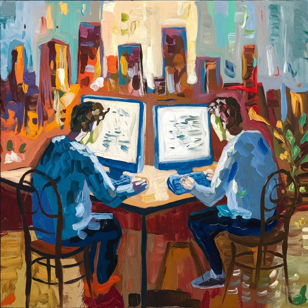 Generated using Ideogram - A painting of two creators sitting at a table, using a computer to write in an impressionist style.