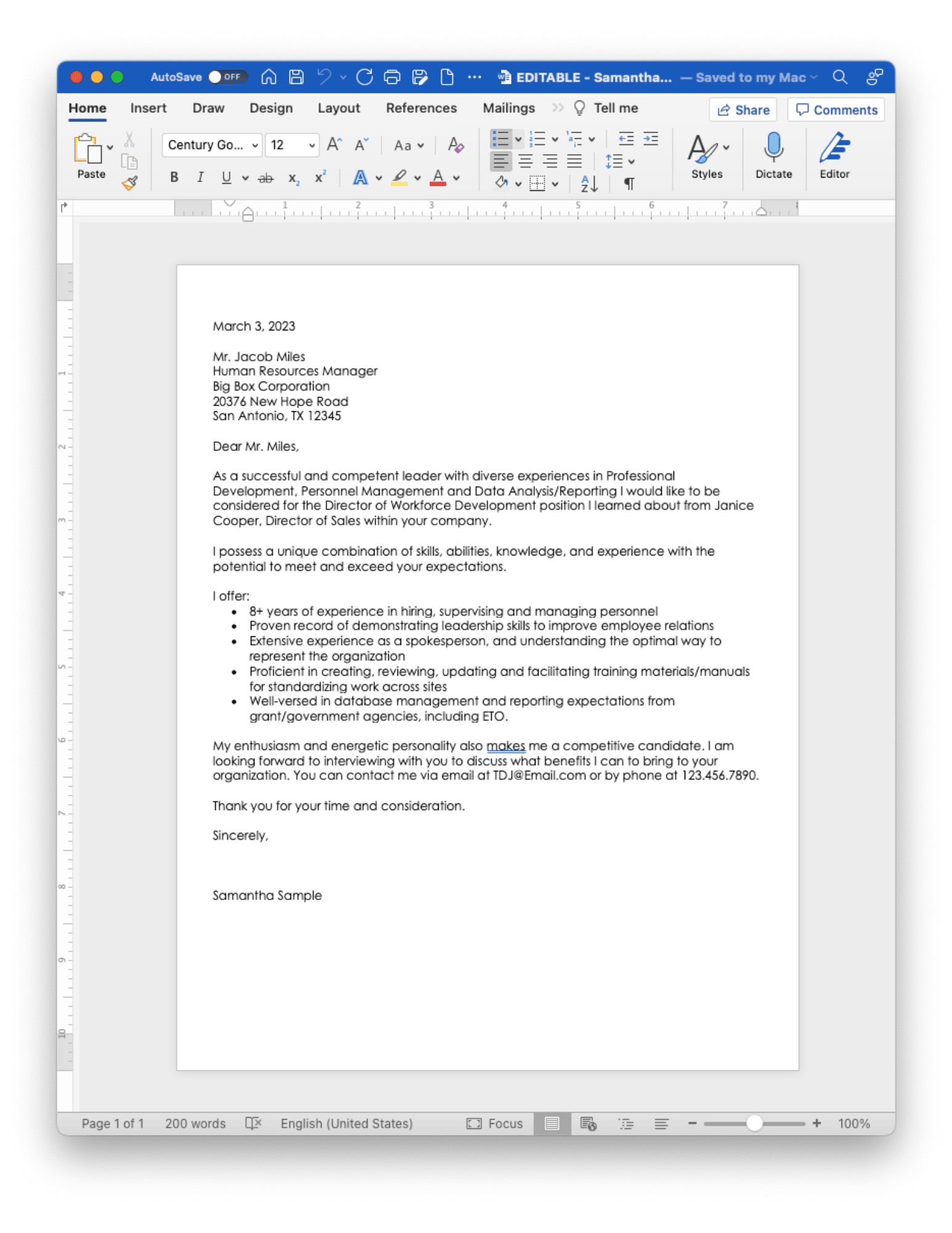 Editable Cover Letter Sample Text