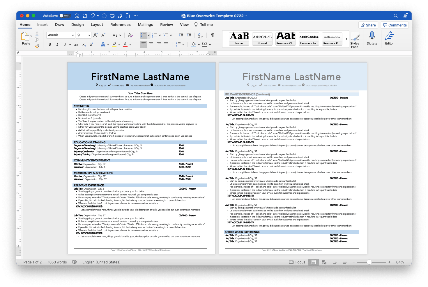 Blue Overwrite Resume Template