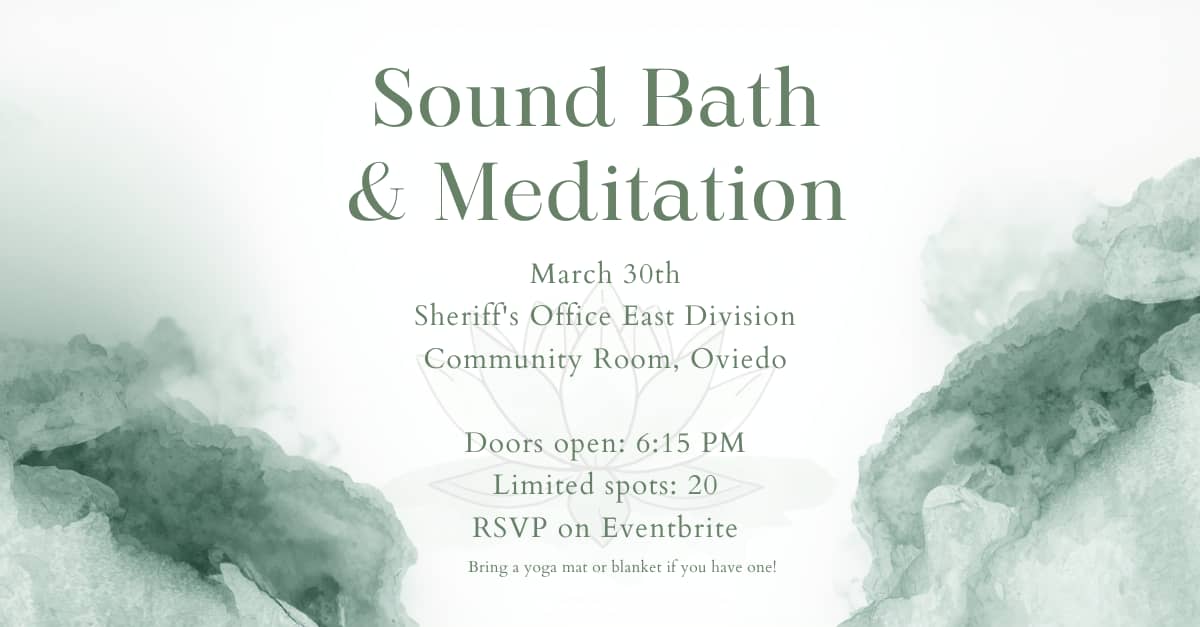 A relaxing green marble background that gives details for the Sound Bath and Meditation experience happening on Monday March 31st.