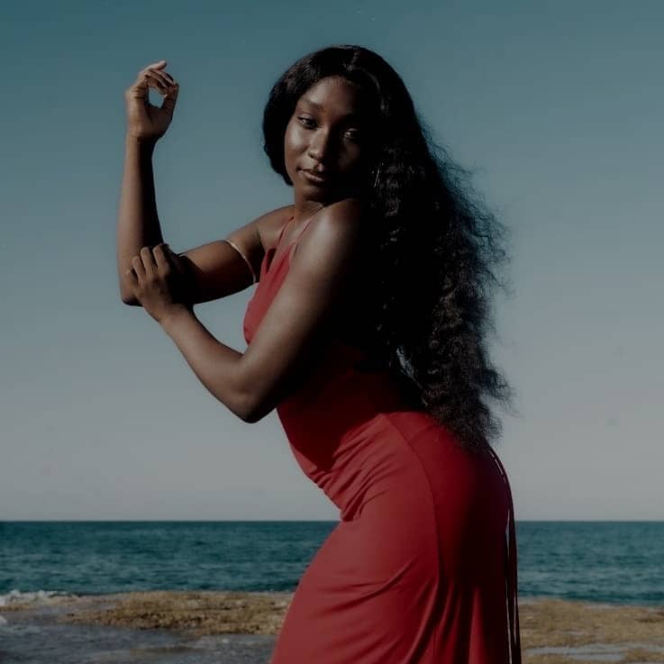 Woman in red dress by the ocean