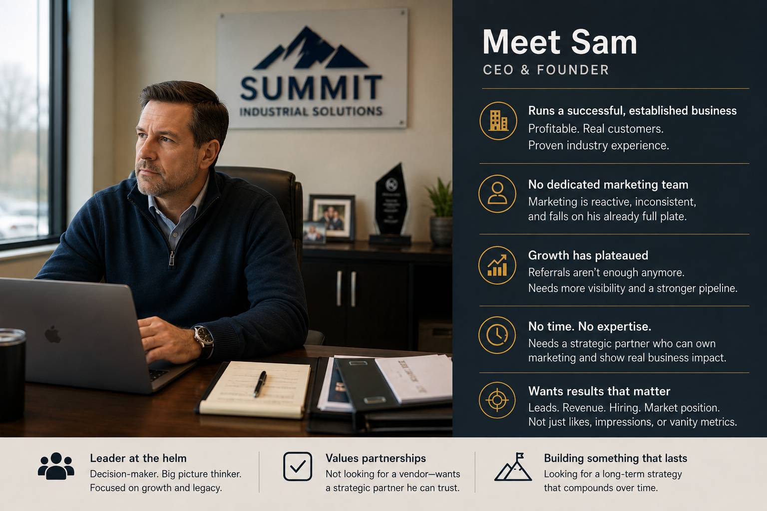 Picture of persona "CEO Sam" my ideal client for LinkedIn strategy and personal branding services.