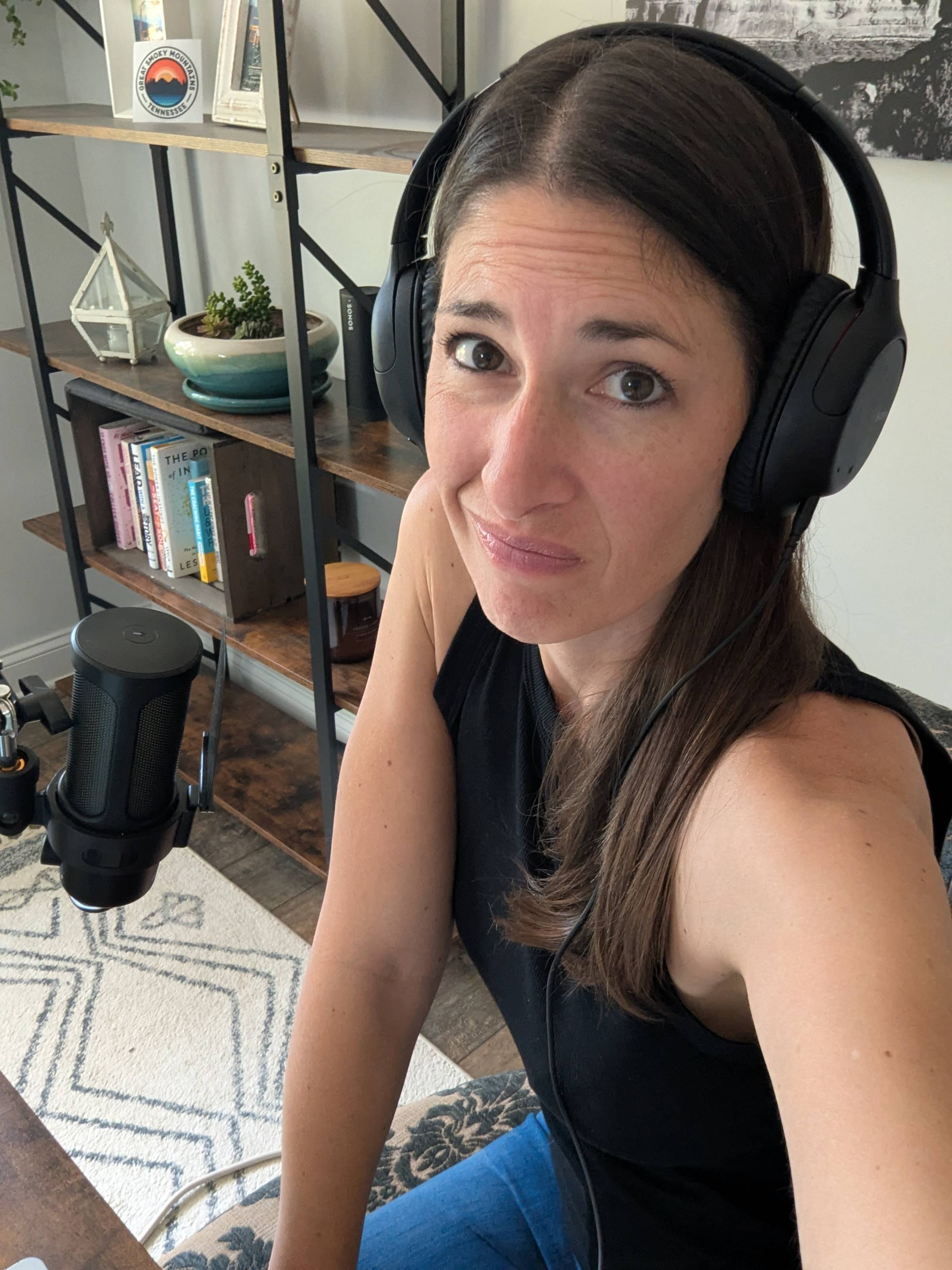 Allison doing a podcast with a dog barking in the background:/