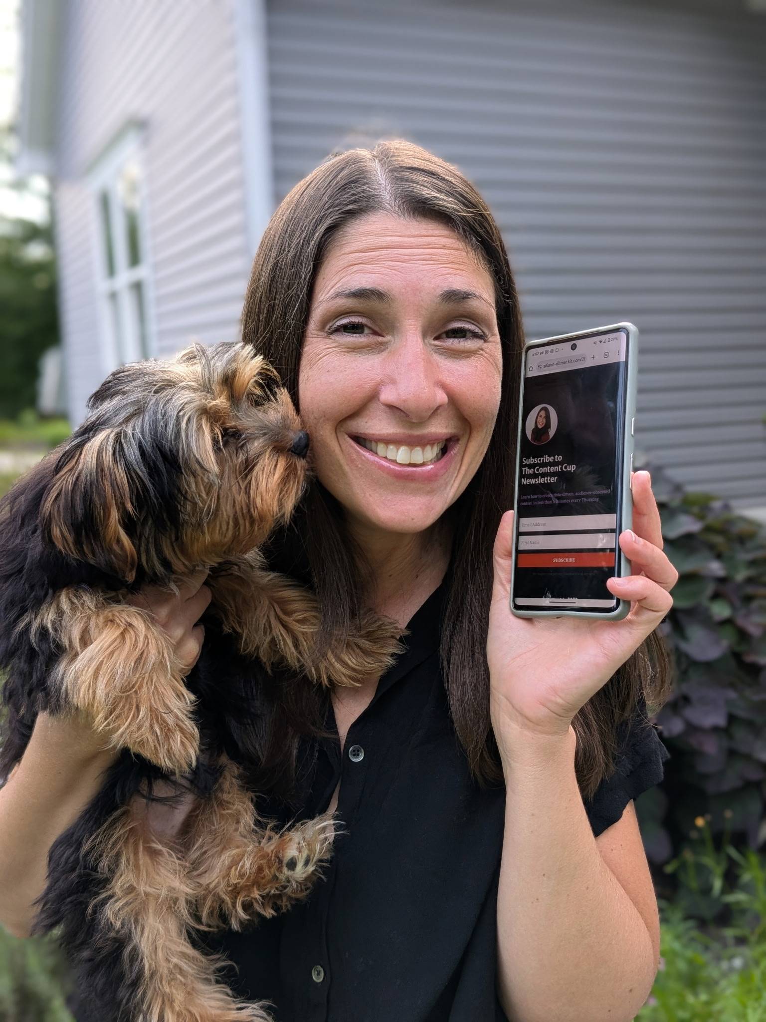 Allison with Chili excited about The Content Cup Newsletter