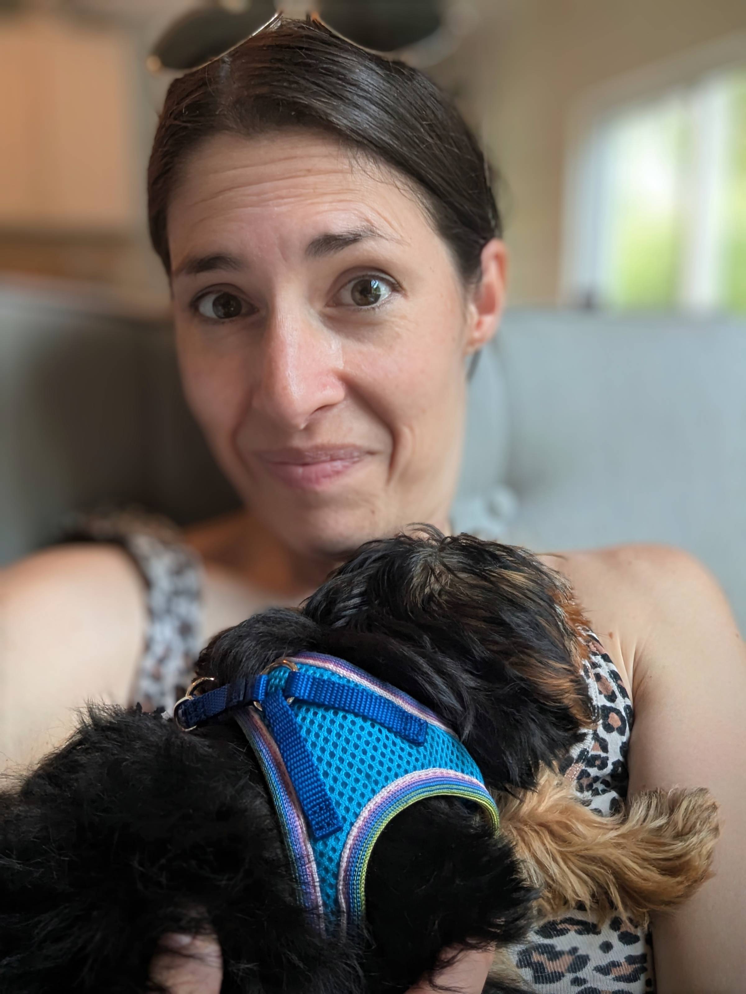 Allison holding her sleeping pup while engaging on LinkedIn
