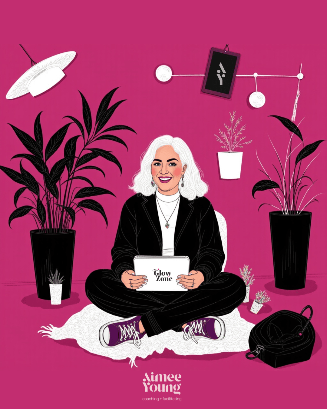 Drawing of Aimee sitting cross legged on the floor holding an ipad, surrounded by plants and smiling.