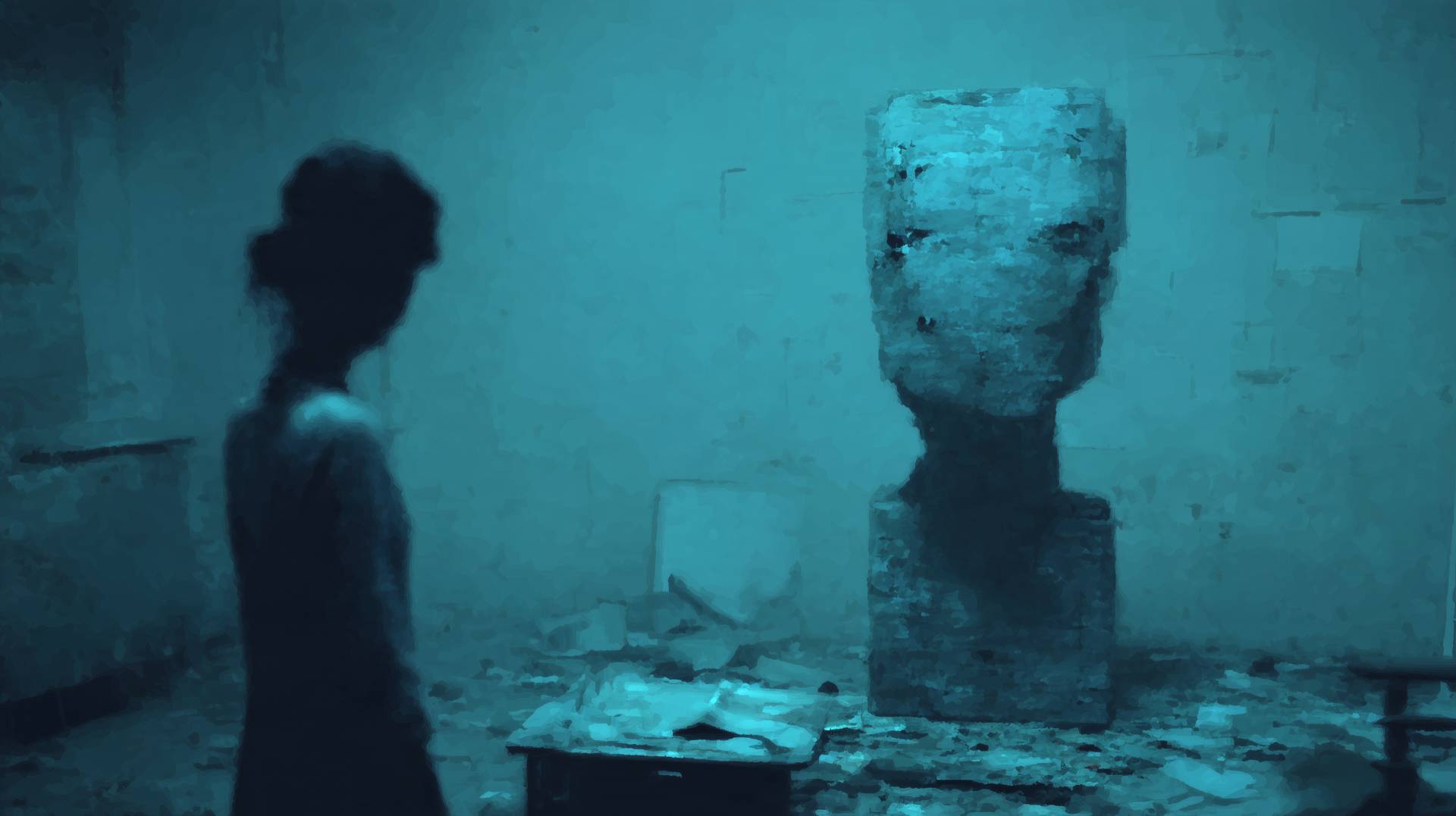 a young woman looking at a half finished abstract sculpture that seems neglected.