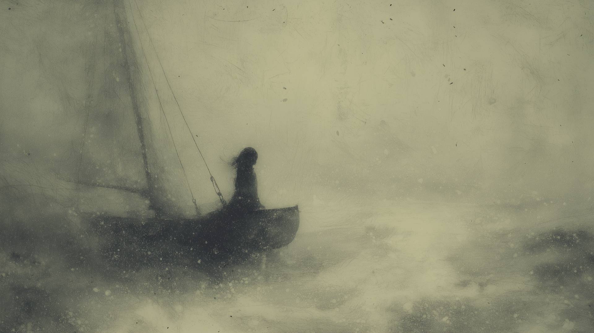 an image of a young woman steering a small sailboat within a stormy sea.