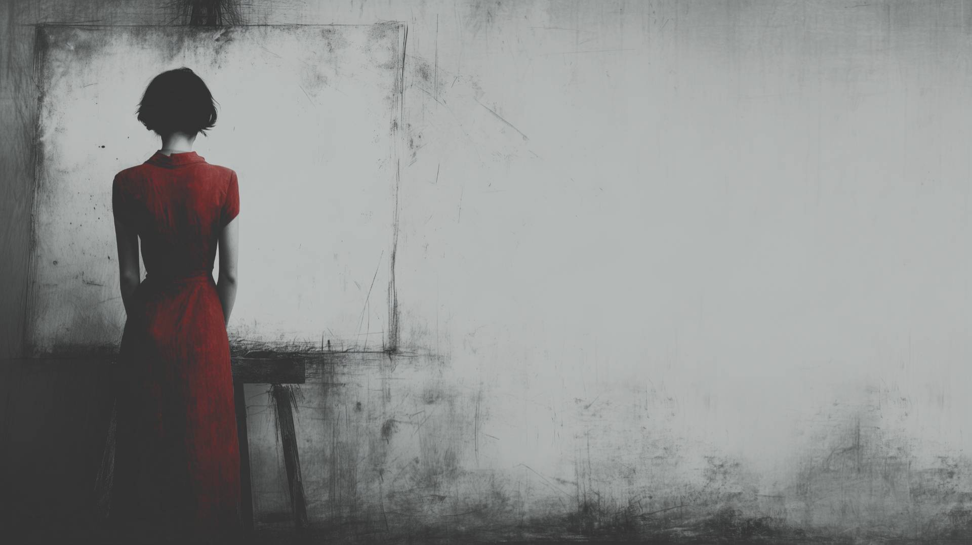 a young woman with a red dress staring at a blank canvas
