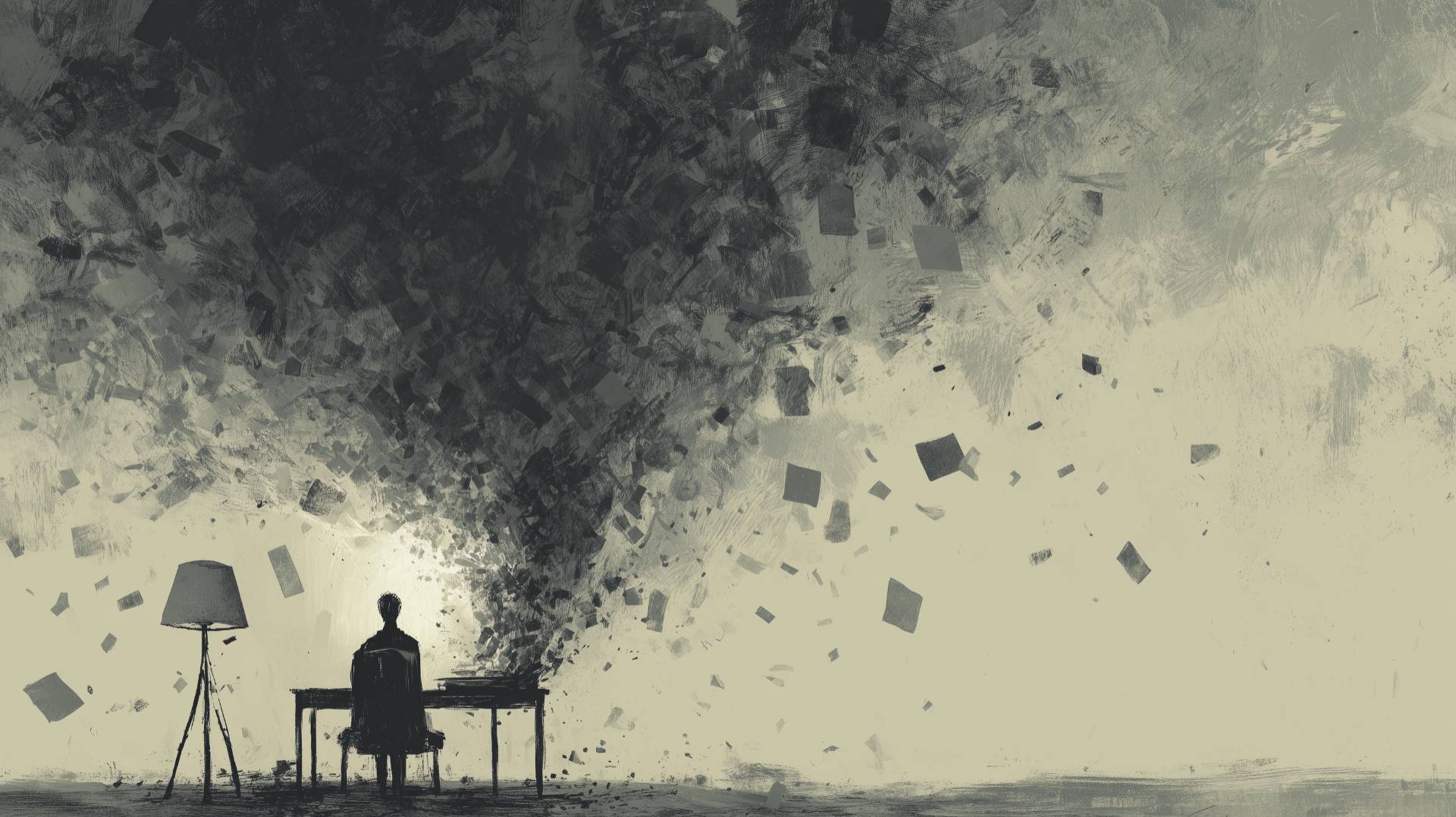 A man at a desk swarmed by ideas and artifacts