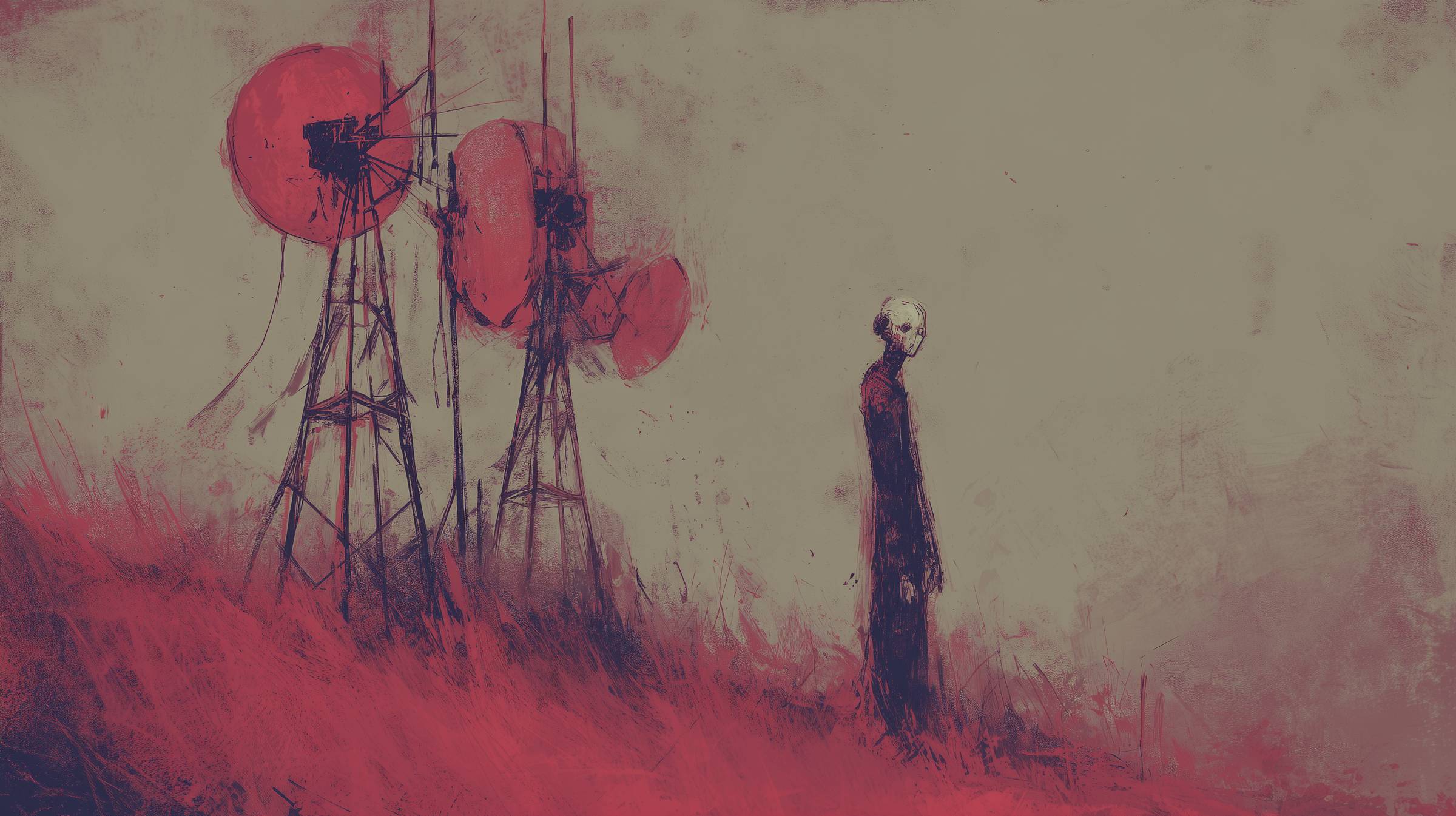 A lone figure waiting in a red field of grass. They are standing in front of several radar dishes. 