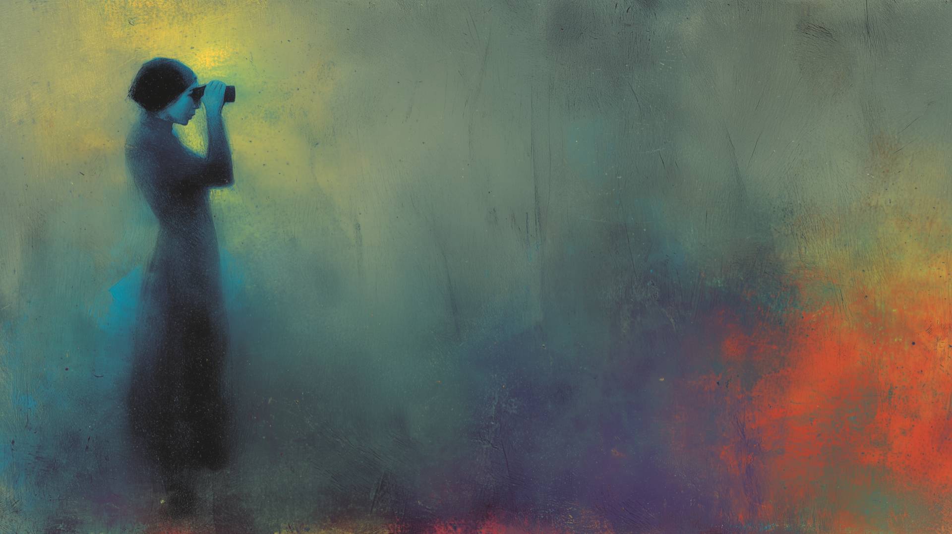 A young woman looking through binoculars into a dense, colorful and opaque fog