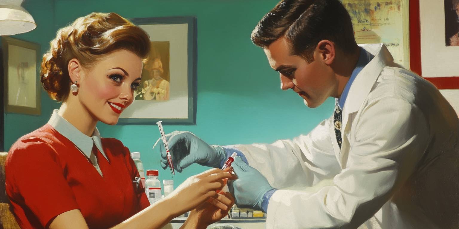 A vintage-style painting of a doctor drawing blood from a smiling woman in a red dress during a check-up