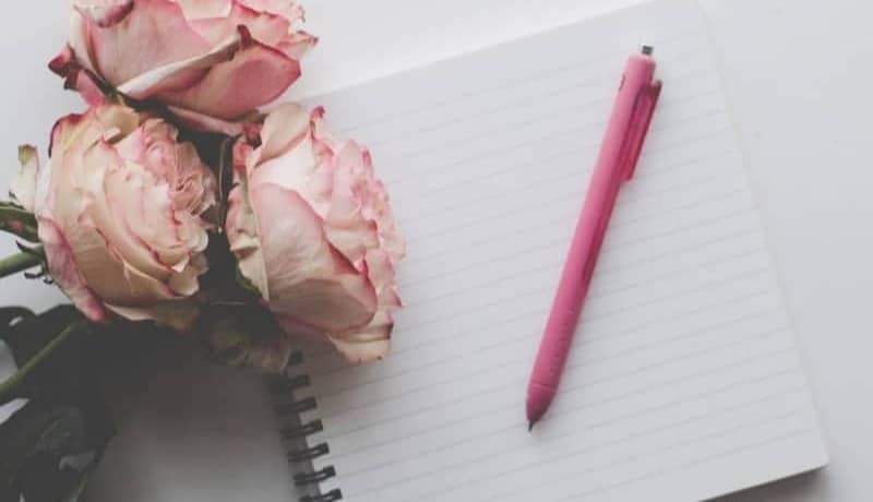 Pink roses and pen on a notebook