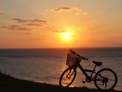 sunsetting over ocean, silhouette of bicycle with basket