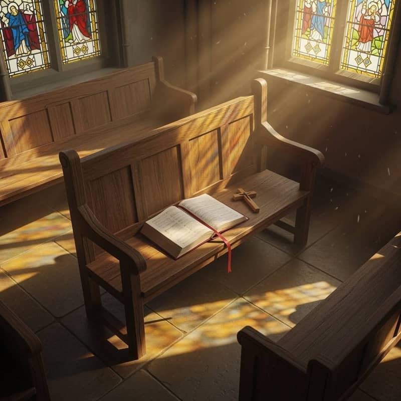 A pew of a church under 2 stained glass windows, with a Bible and a cross on the seat under the sunshine