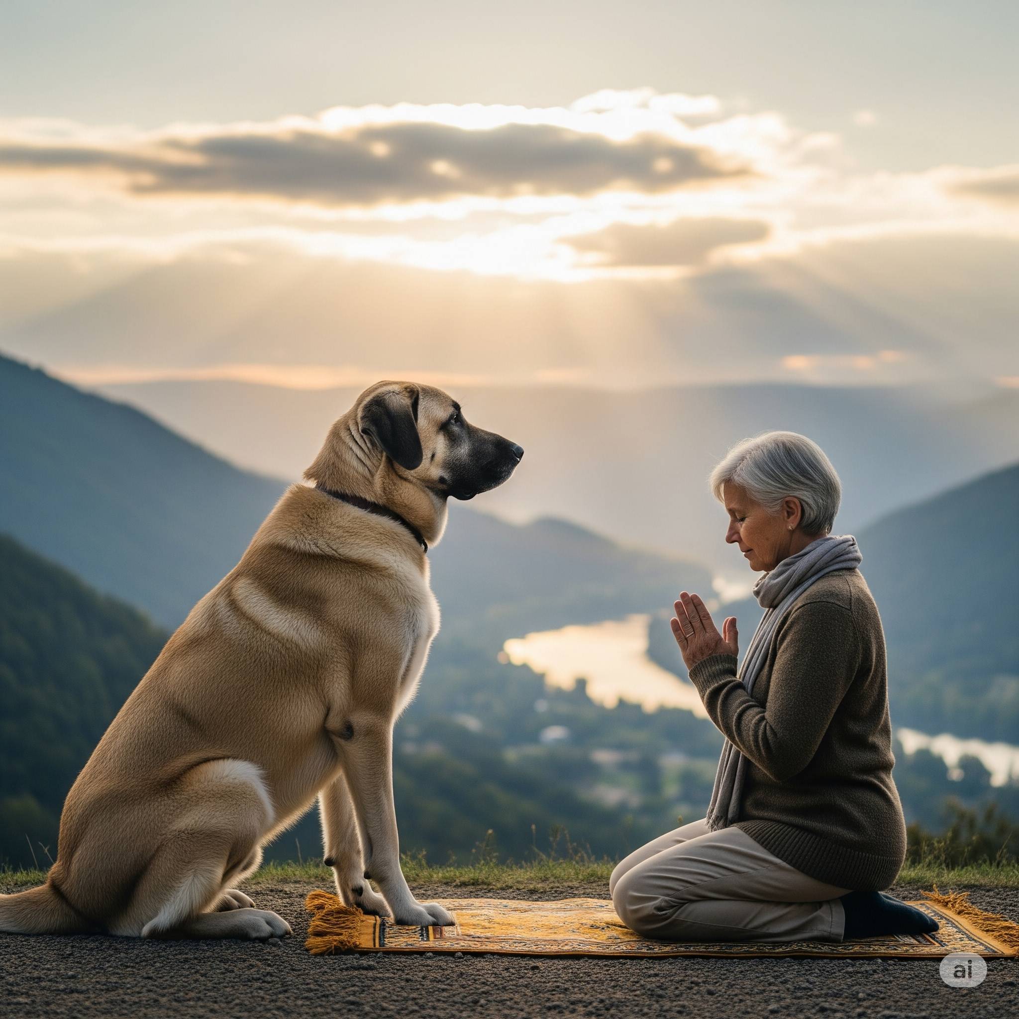 A women and a dog in a beautiful setting praying , grateful for his grace