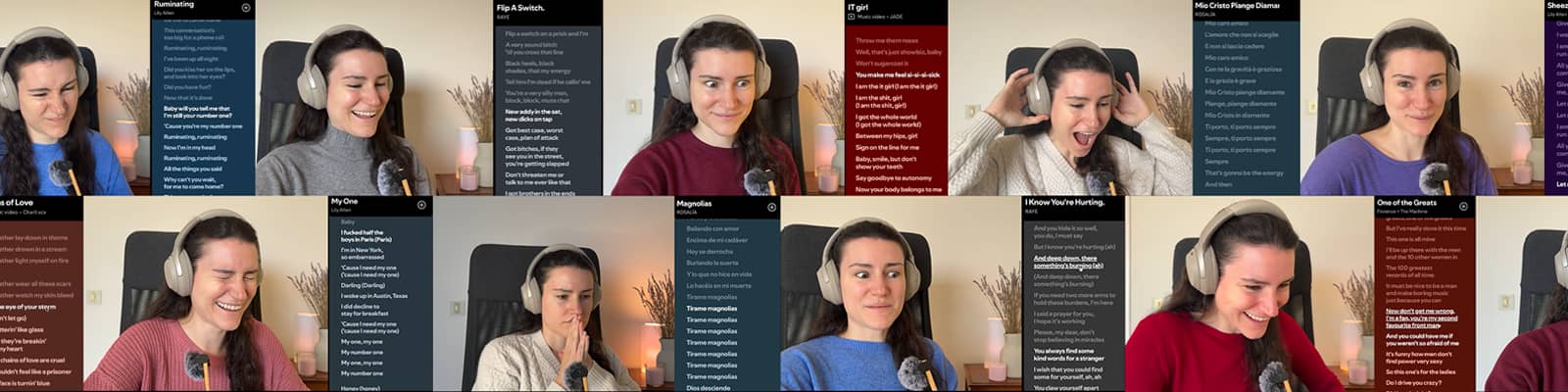 Multiple pictures of Viki's facial expressions while reacting to music.