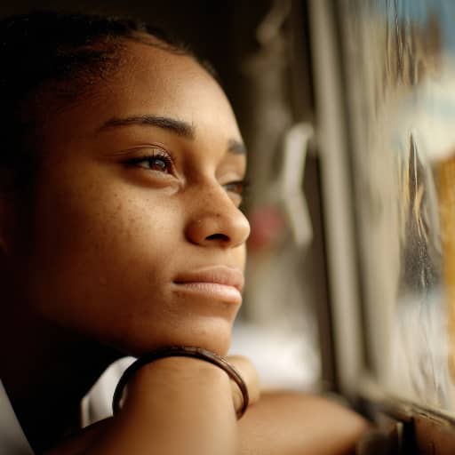 Woman in thought looking out a window