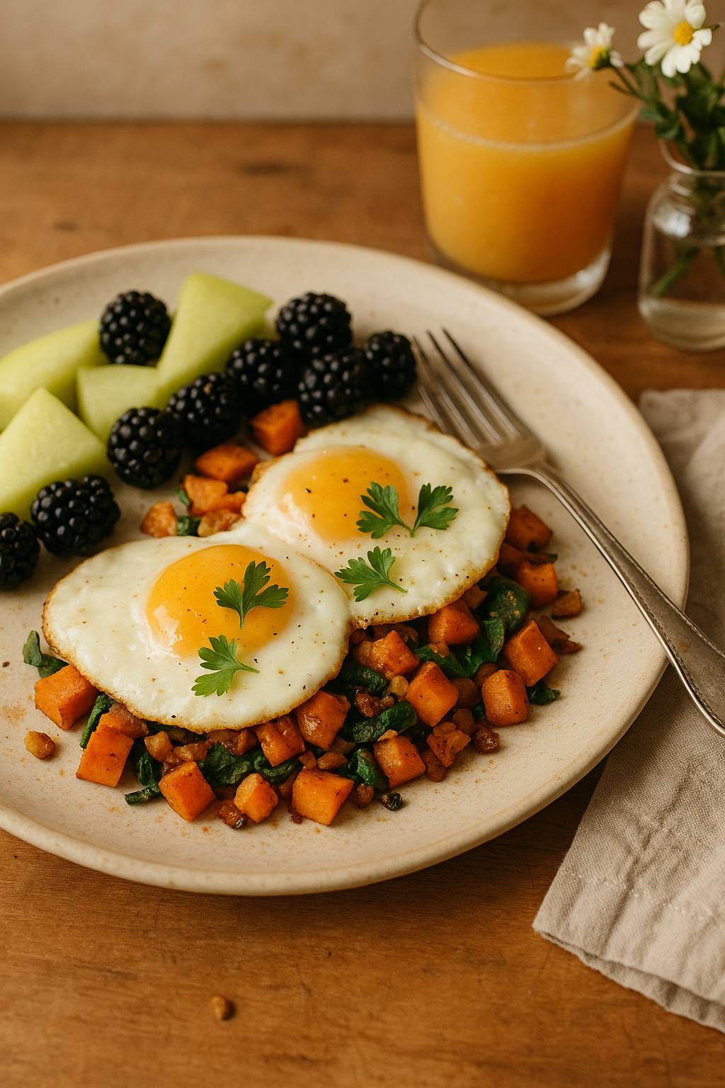 Fried Eggs and Sweet Potato Hash