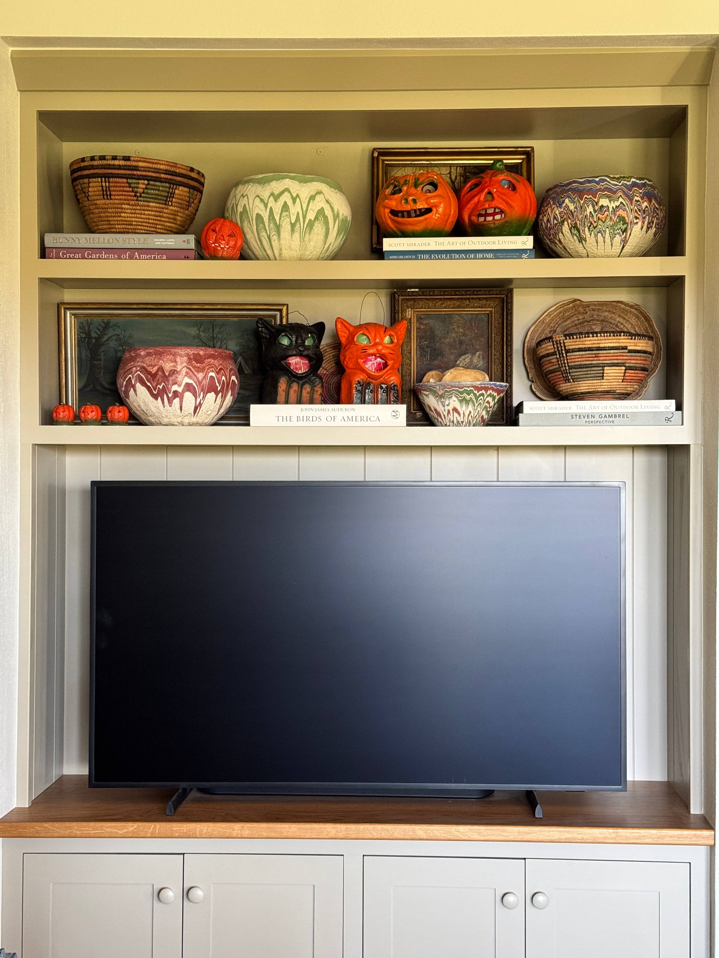 Cabinet with Halloween decor.