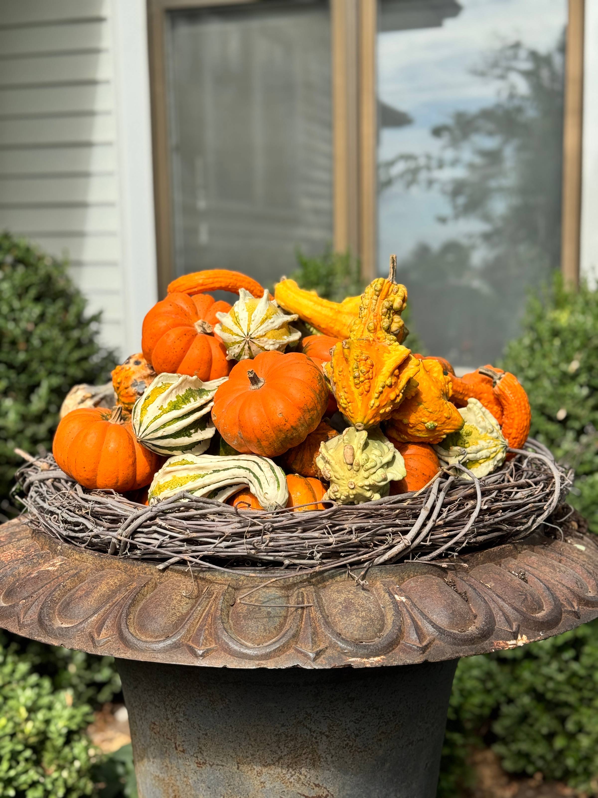 Gourds and small pumpkins stacked in an urn.