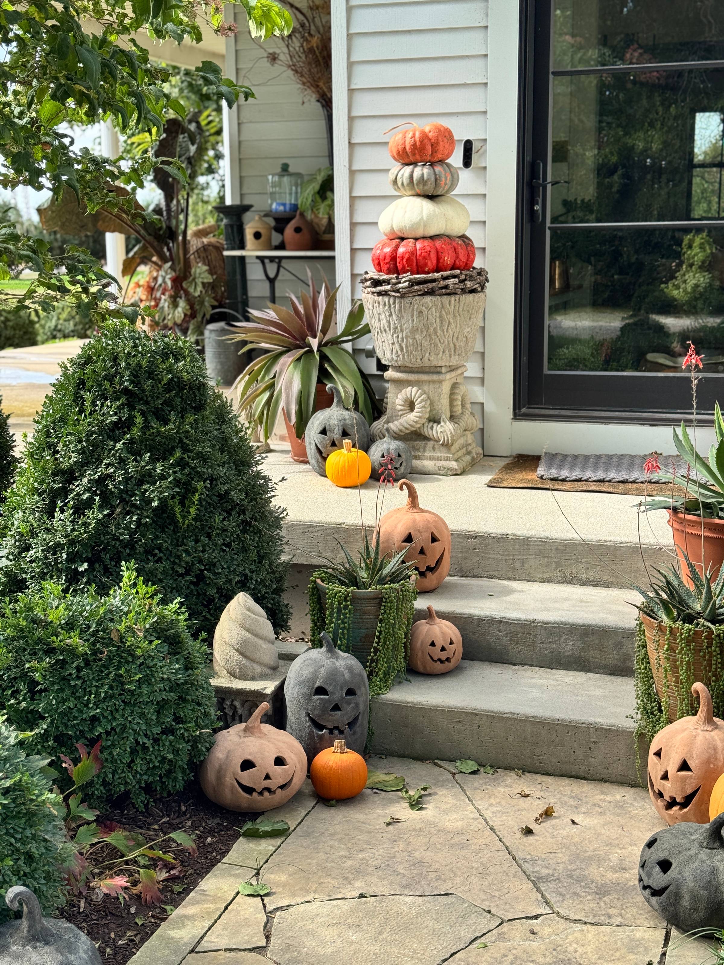 Steps to a front door with Halloween decor.