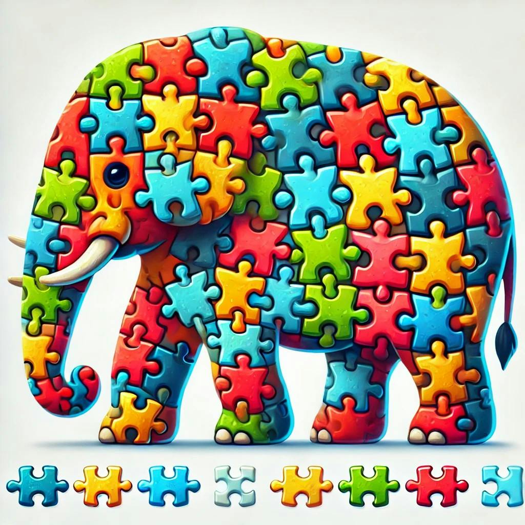 An elephant broken into manageable pieces (jigsaw shapes)