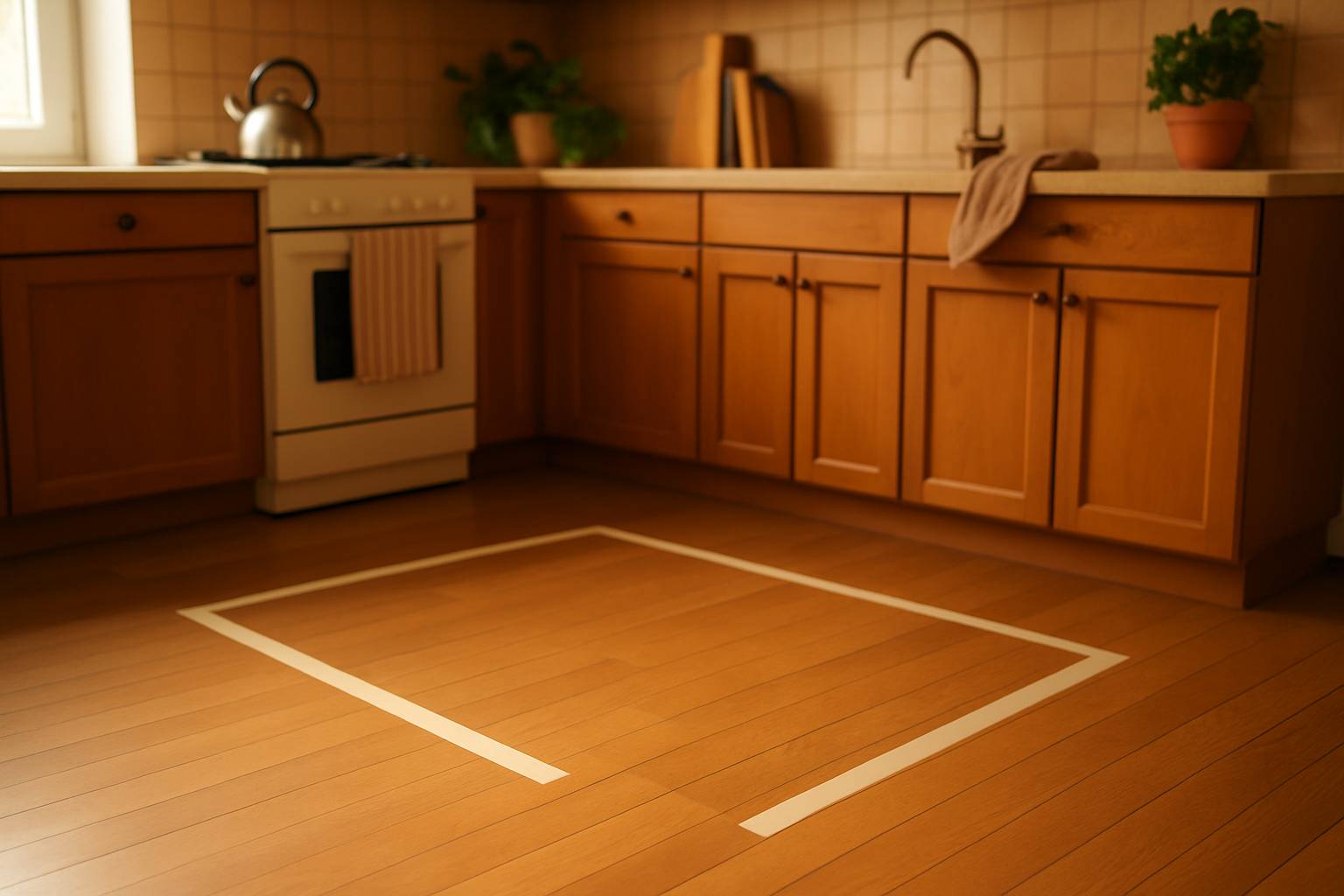 Kitchen with masking tape