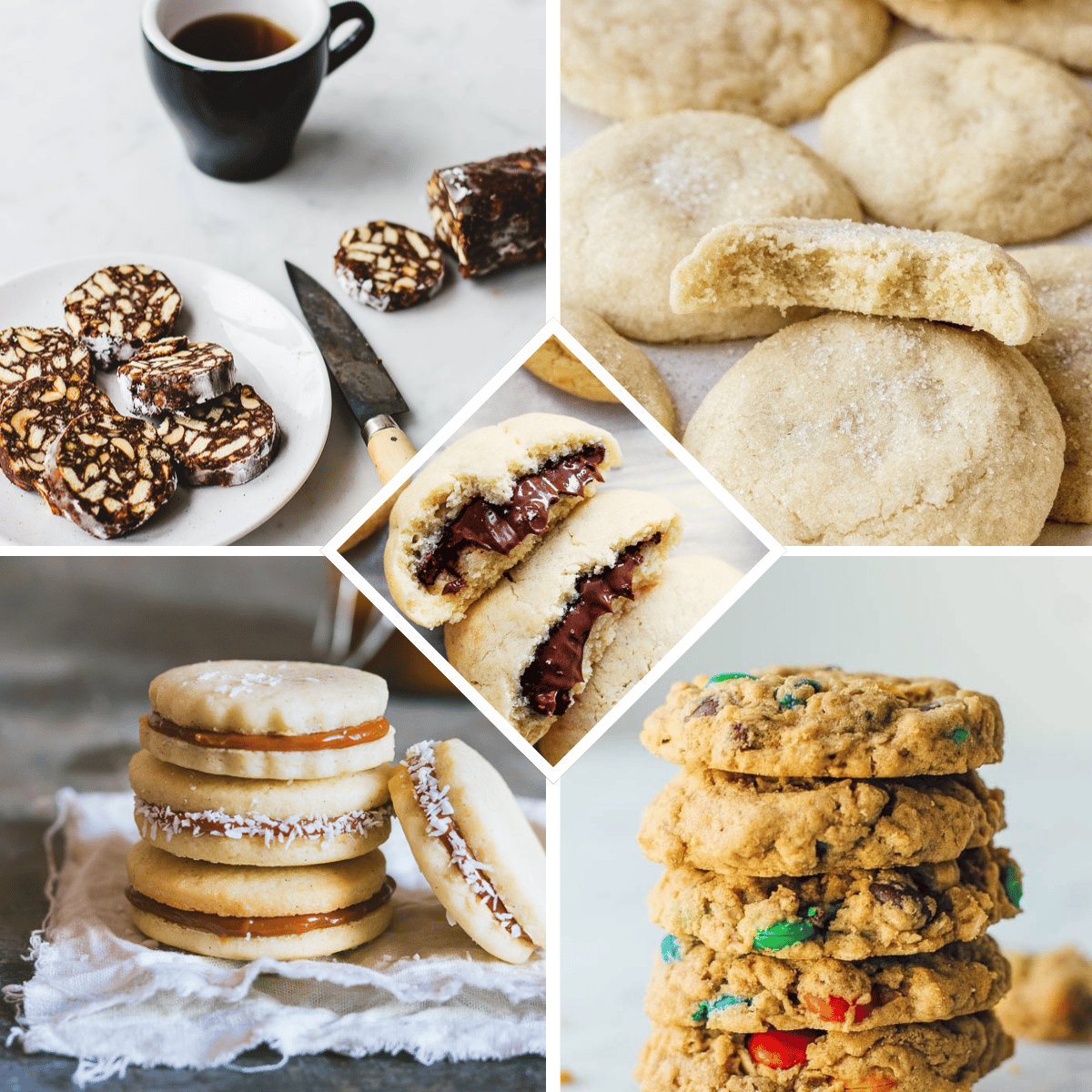 Our 5 most popular cookies to make this December: chocolate salami, soft sugar cookies, nutella-stuffed sugar cookies, alfajores, and m&m monster cookies.