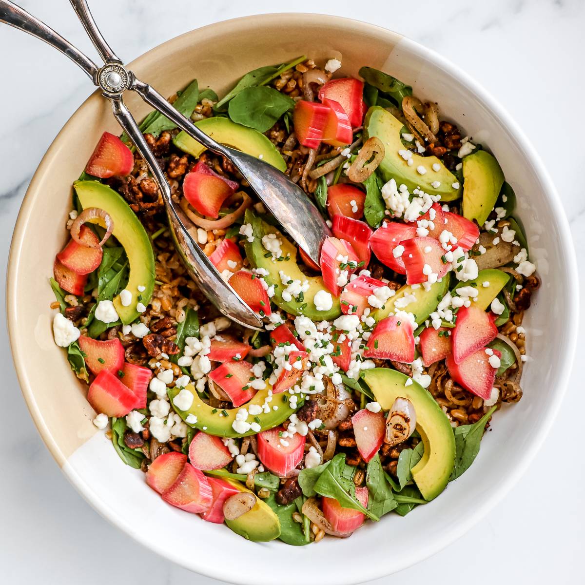 Rhubarb avocado farro salad with goat cheese and chives.