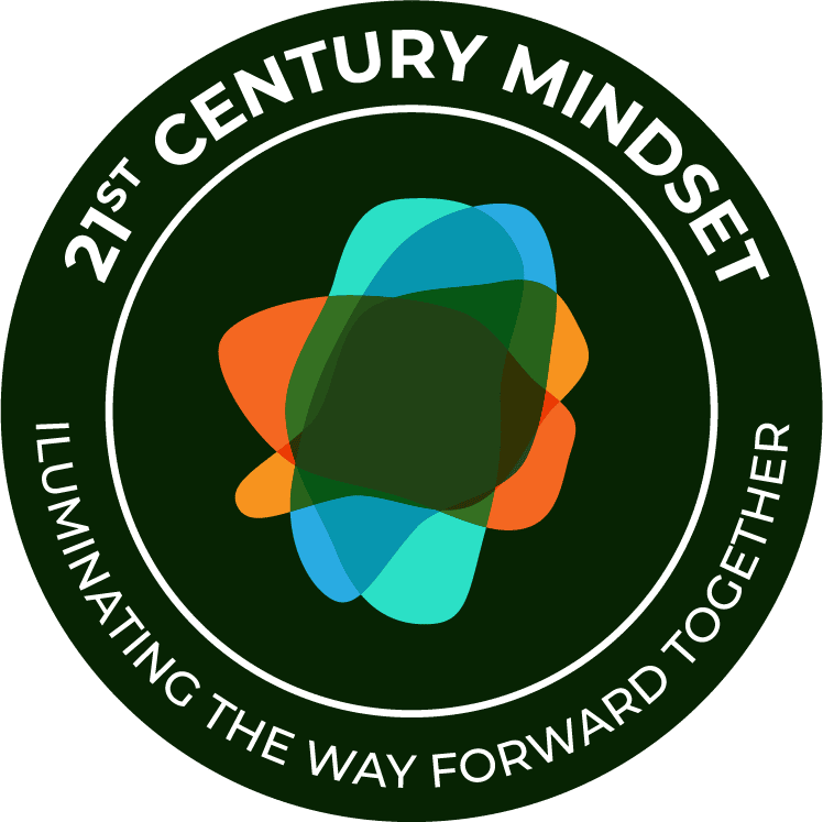 Logo image. Words 21st Century Mindset - Illuminating the way forward together. Black circle with a multicoloured shape in the centre.