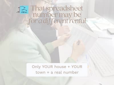 A person at a desk marks up a printed spreadsheet with a pen beside a keyboard, under a soft pale overlay. Text overlay reads: "That spreadsheet number may be for a different rental. Only YOUR house + YOUR town = a real number."