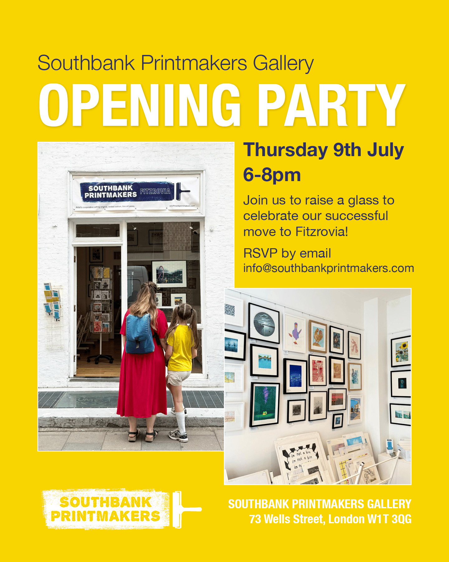 a brightly coloured poster inviting peole to join Southbank Printmakers for an opening party on 9th July