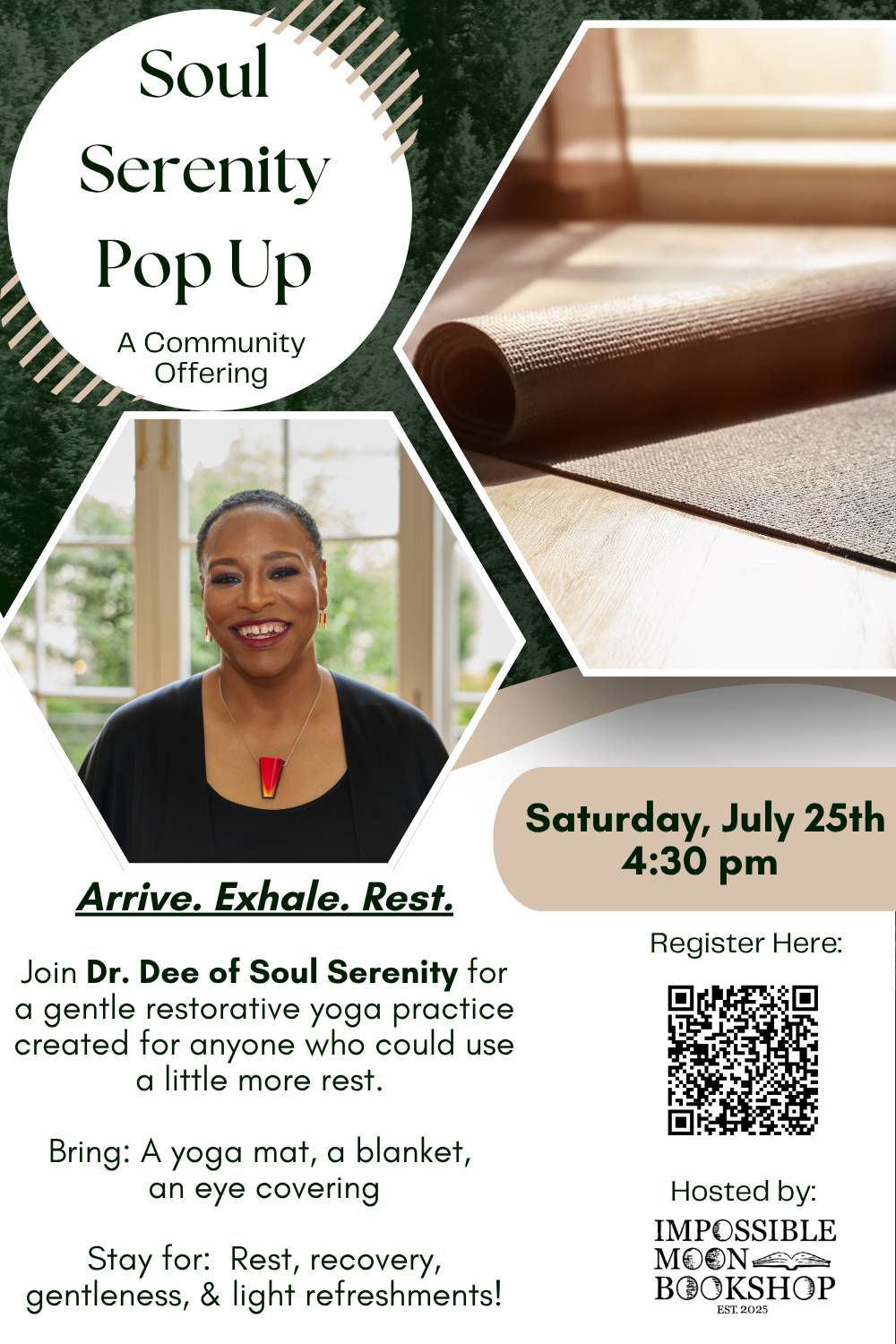 Free Rest & Reading event featuring restorative yoga at Impossible Moon Bookshop in Hapeville, GA. Join Soul Serenity on July 25 for an afternoon of rest, reflection, and community.
