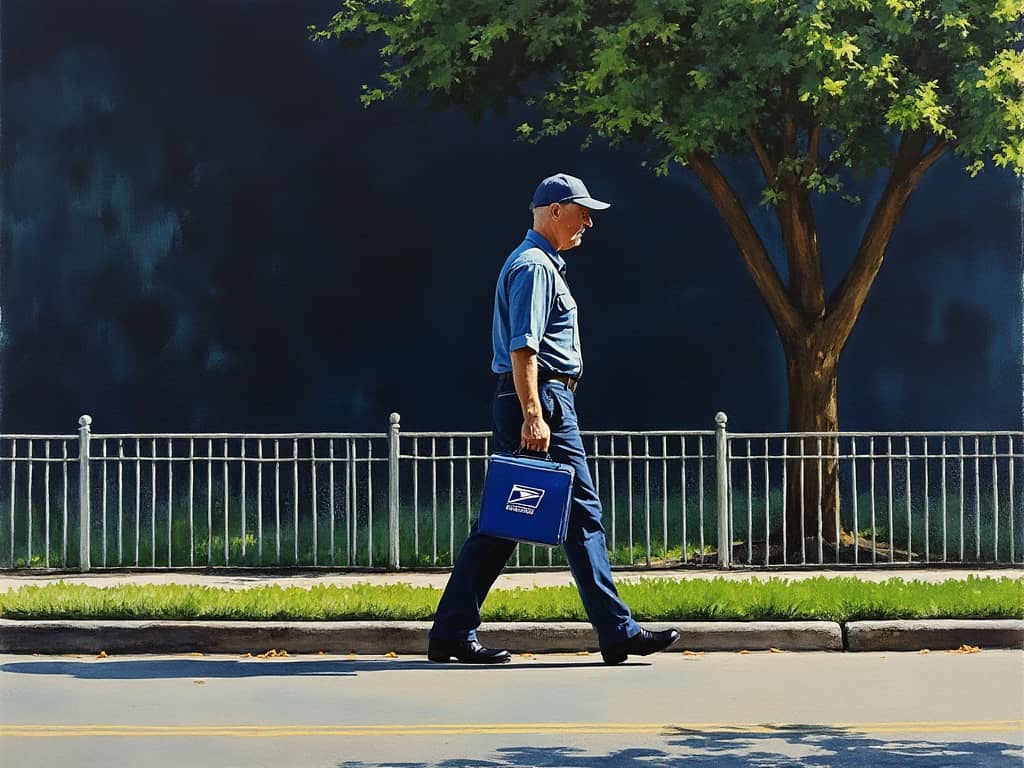 Lonely postman walking down sidewalk with letter bag