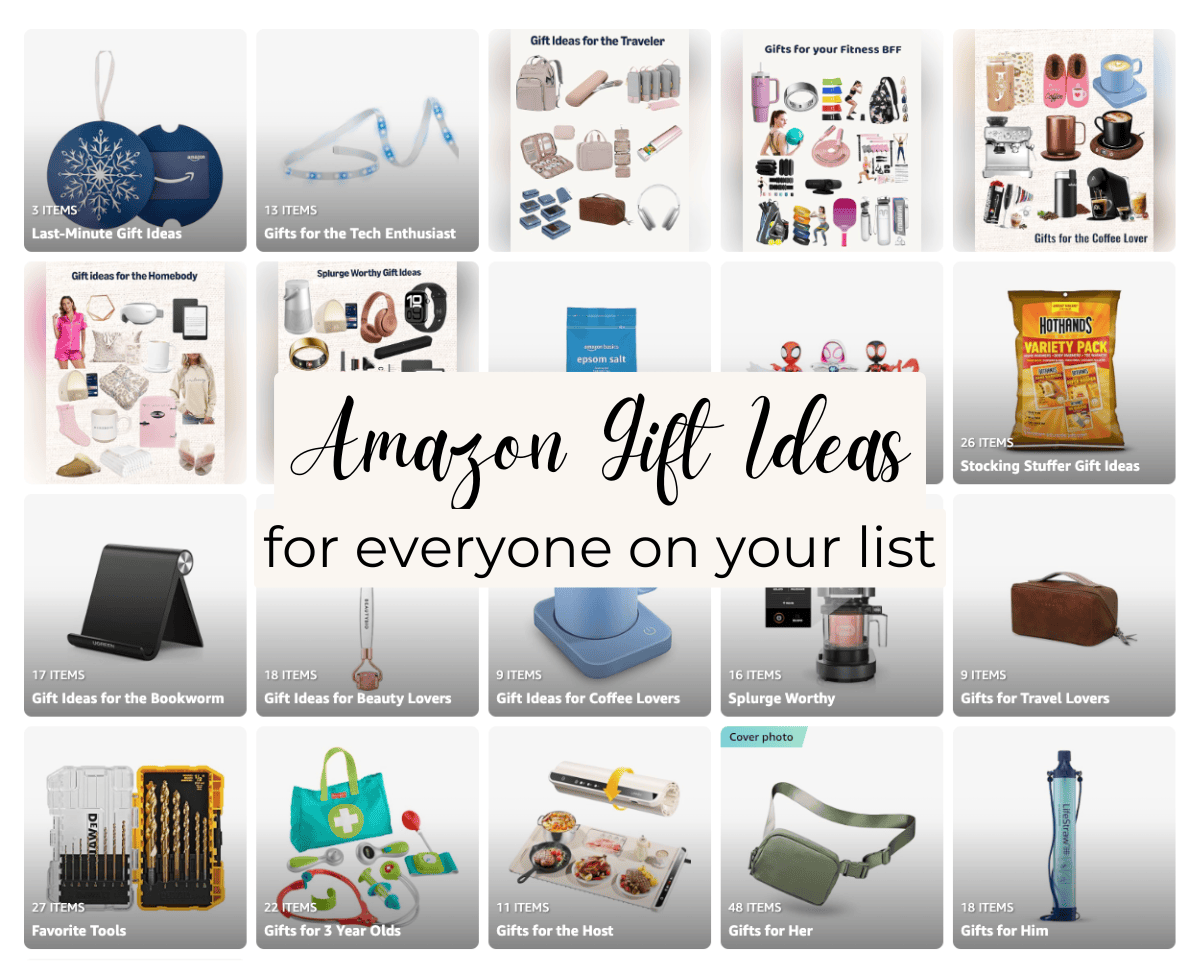 A collage of Amazon gift ideas showcases tech gadgets, fitness gear, books, coffee items, and travel accessories. The centerpiece text proudly displays "Gift Ideas Amazon Has for Everyone on Your List.