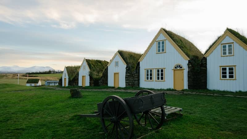 Row of traditional turf-roofed houses with yellow doors.