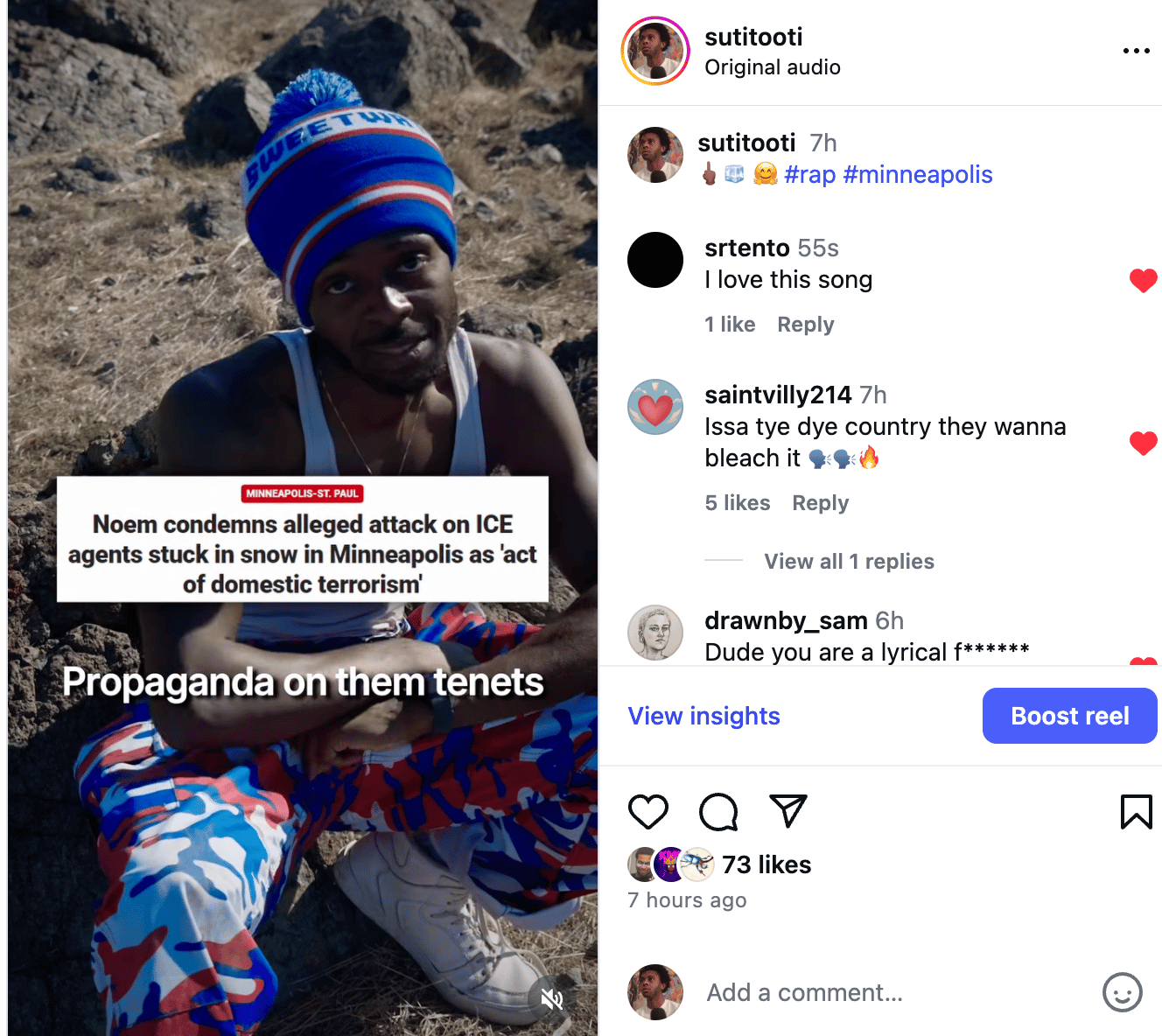A screenshot of Suti~Tooti's instagram post following the Minneapolis ICE shooting.