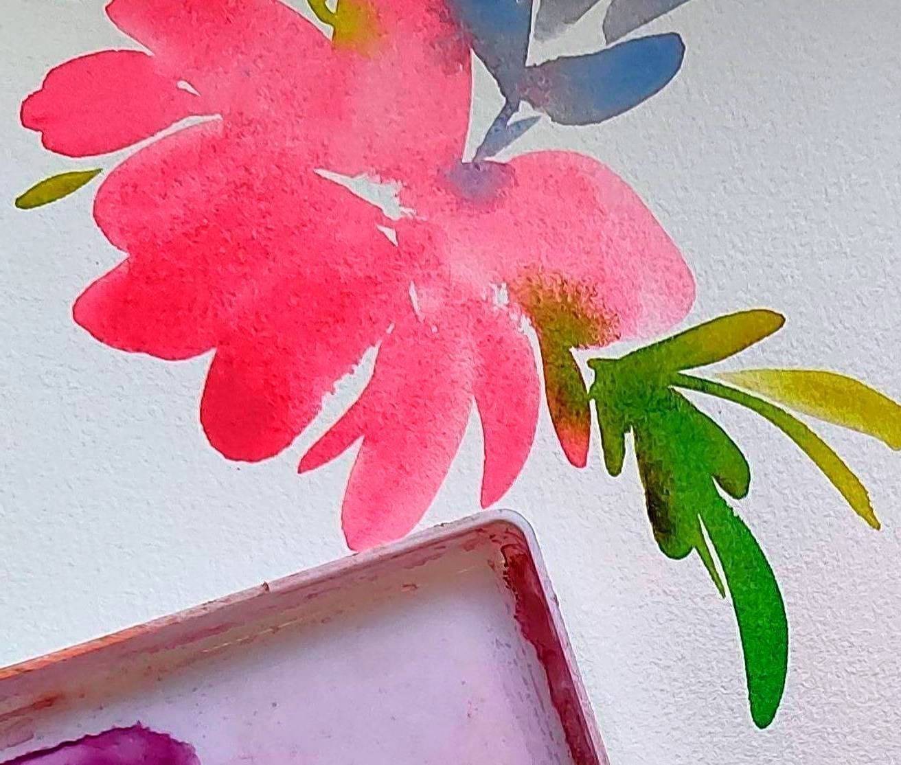 beautiful image of a pink watercolor flower with brillant green leaves painted by Oregon artist, Tara Rochelle.