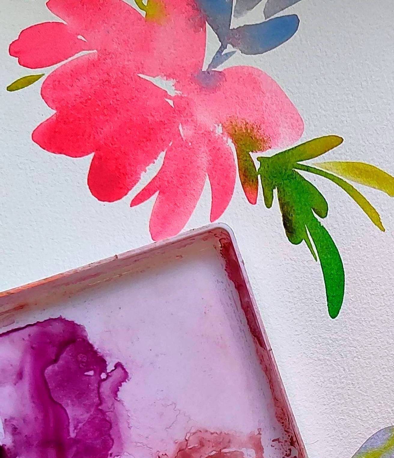 beautiful image of a pink watercolor flower with brillant green leaves painted by Oregon artist, Tara Rochelle.