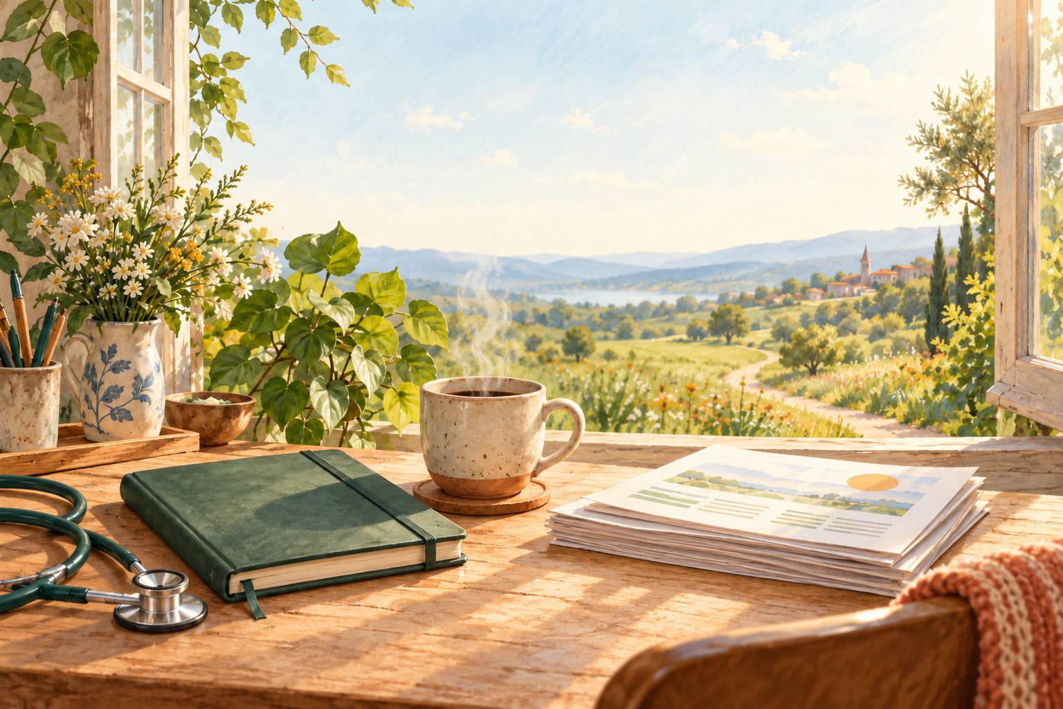 Kaffeetasse, geschlossenes Notizbuch und Stethoskop auf einem sonnigen Schreibtisch am offenen Fenster.